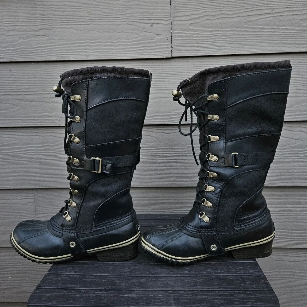 Sorel Black Leather Conquest Carly Boots Womens Size 8 Rubber Tall Waterproof